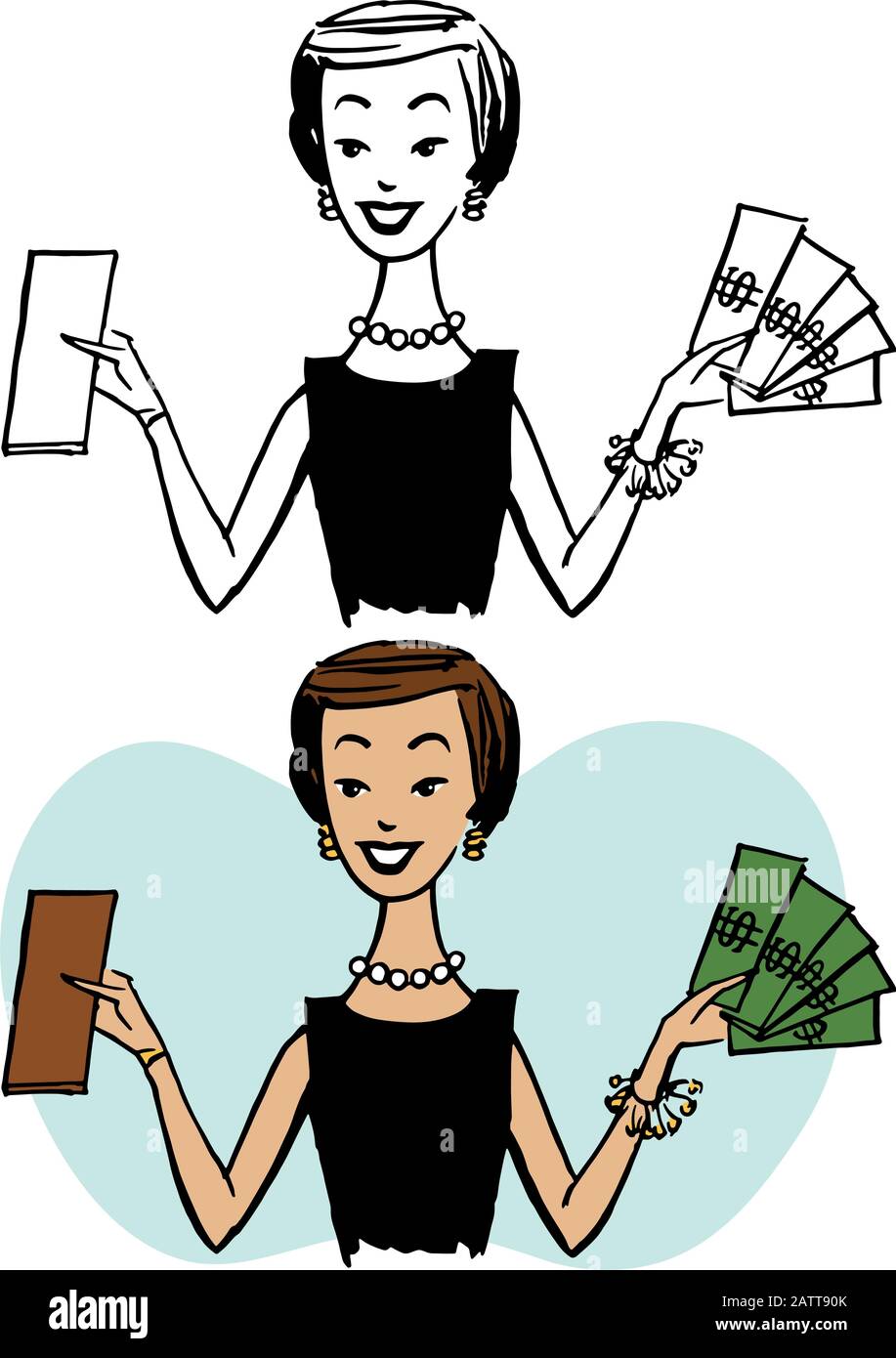 A cartoon of a smiling woman holding a wallet and money. Stock Vector
