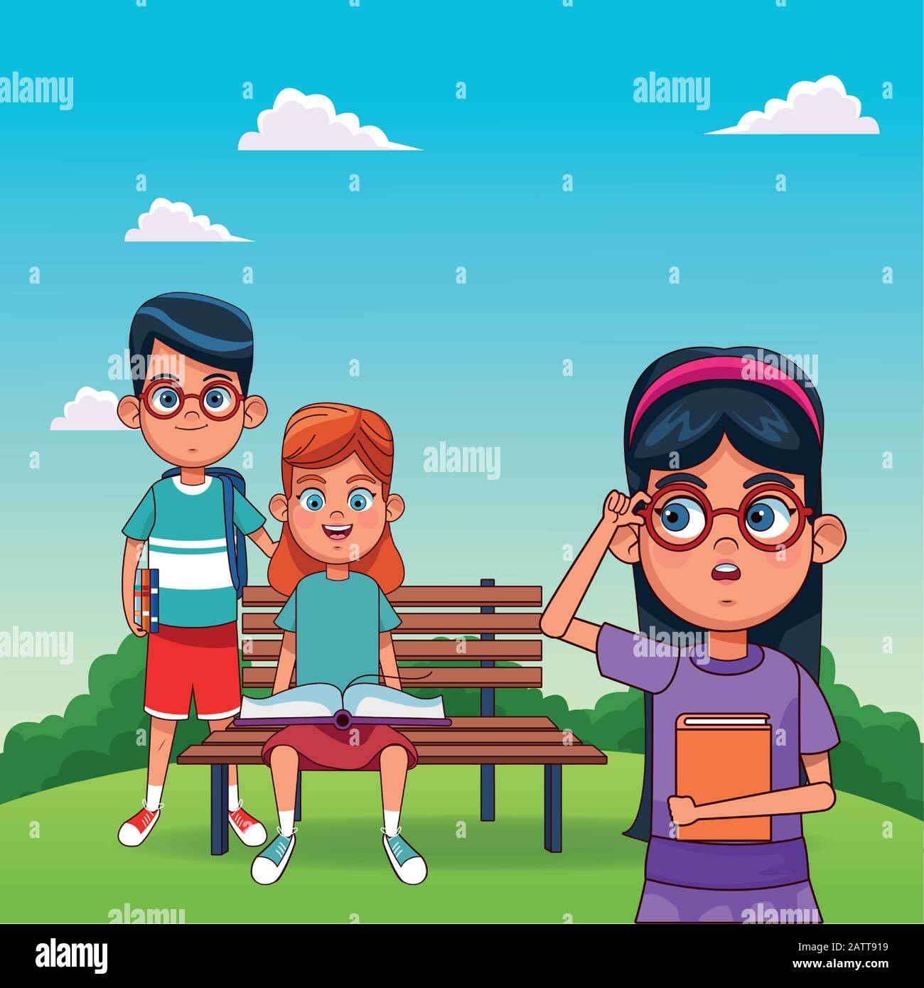happy girl reading a book sitting on a bench and boy and girl standing ...