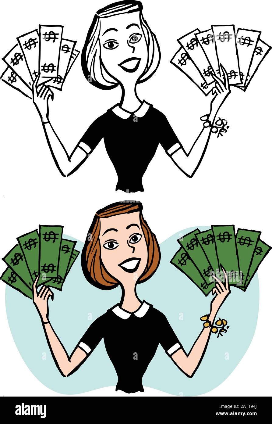 A cartoon of a smiling woman holding handfuls of cash. Stock Vector