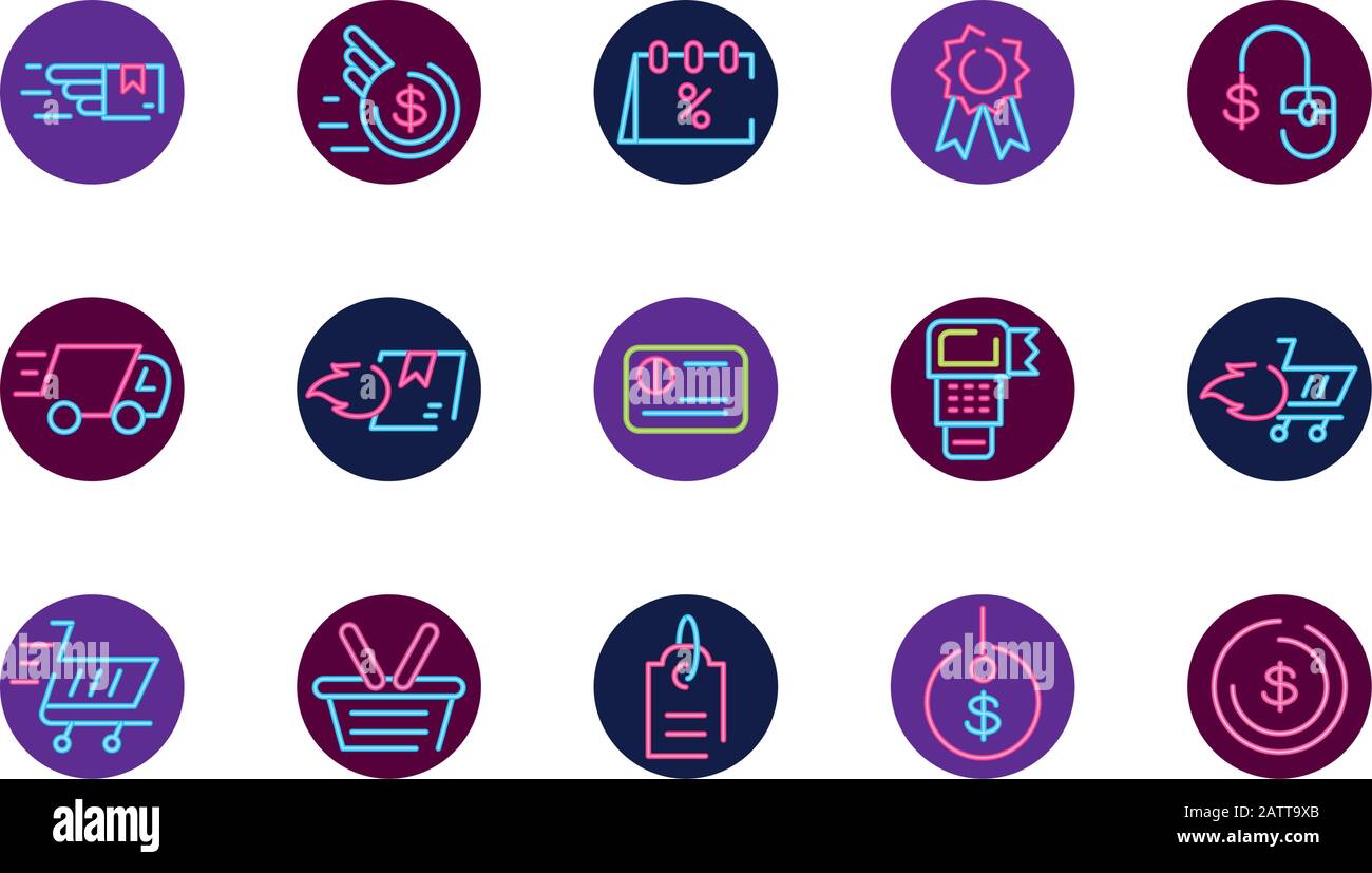 Neon icon set design of Shopping commerce market store shop retail buy ...