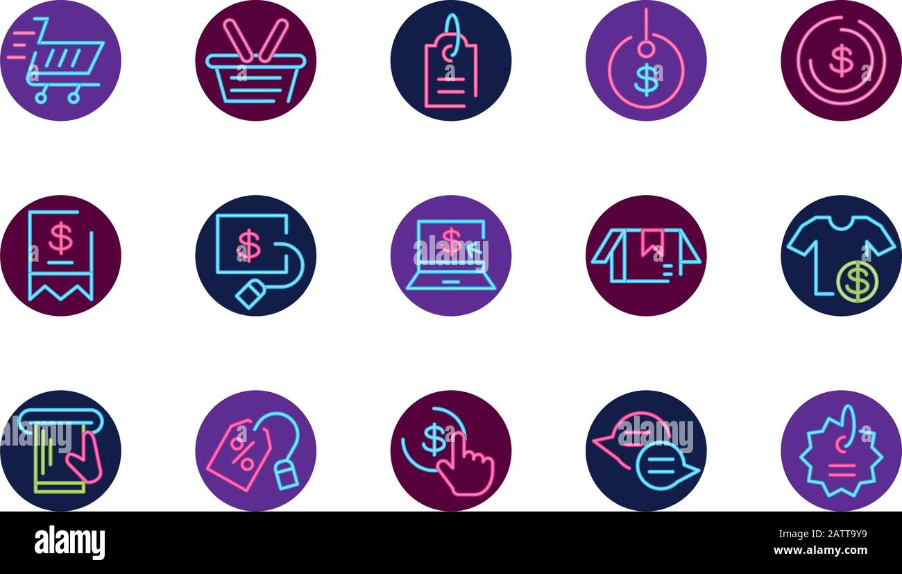 Neon icon set design of Shopping commerce market store shop retail buy ...