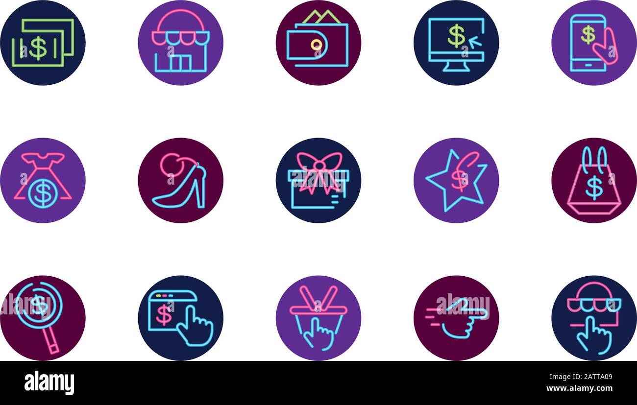 Neon icon set design of Shopping commerce market store shop retail buy ...