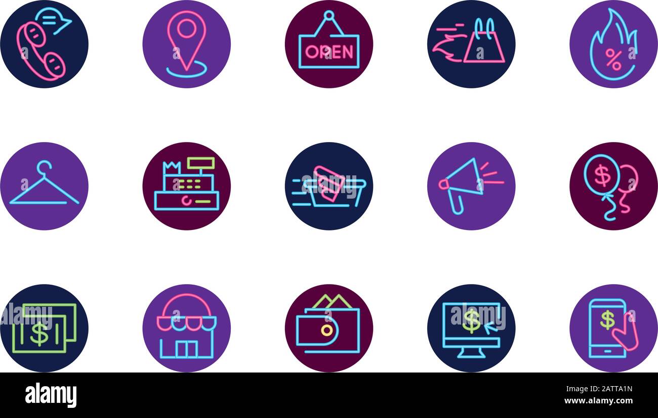 Neon icon set design of Shopping commerce market store shop retail buy ...