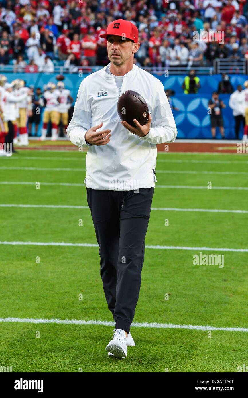 San Francisco 49ers head coach Kyle Shanahan seen on the field before Super Bowl LIV between the San Francisco 49ers and the Kansas City Chiefs held at Hard Rock Stadium in Miami Gardens, Florida on Feb. 2, 2020. (Photo by Anthony Behar/Sipa USA) Stock Photo