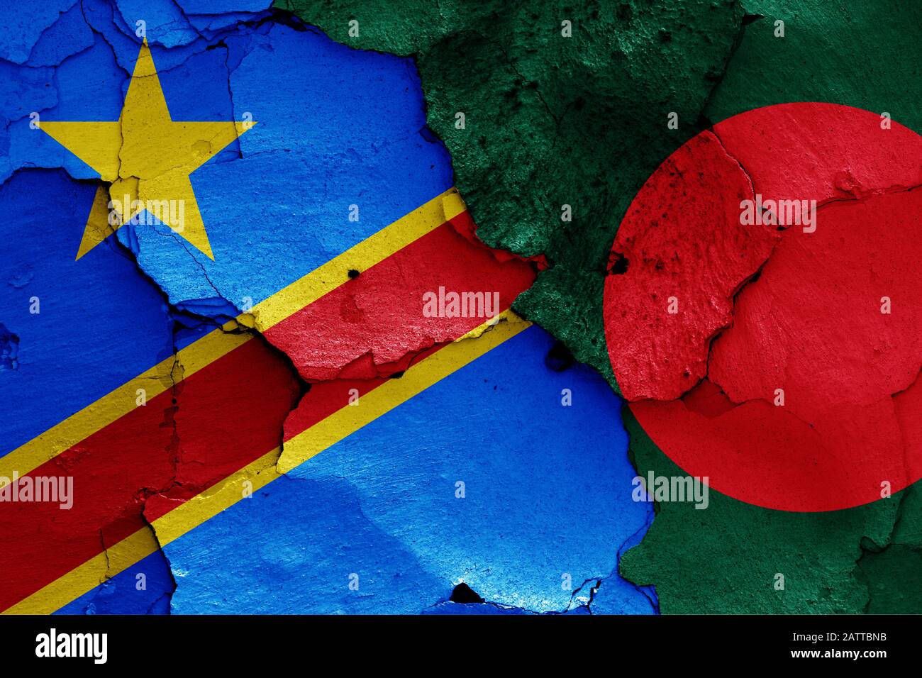 flags of DR Congo and Bangladesh painted on cracked wall Stock Photo