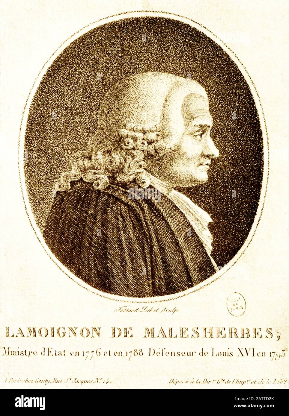 This illustration shows Lamoignon de Malesherbes, counsel for King XVI at his trial in 1793. Guillaume-Chretien de Lamoignon de Malesherbes (1721 –1794), was a French statesman and minister in France and later counsel for the defense of Louis XVI. Despite his committed monarchism, his writings contributed to the development of liberalism during the French Age of Enlightenment. He was Minister (Secretary) of State from 1776 to 1788. Stock Photo