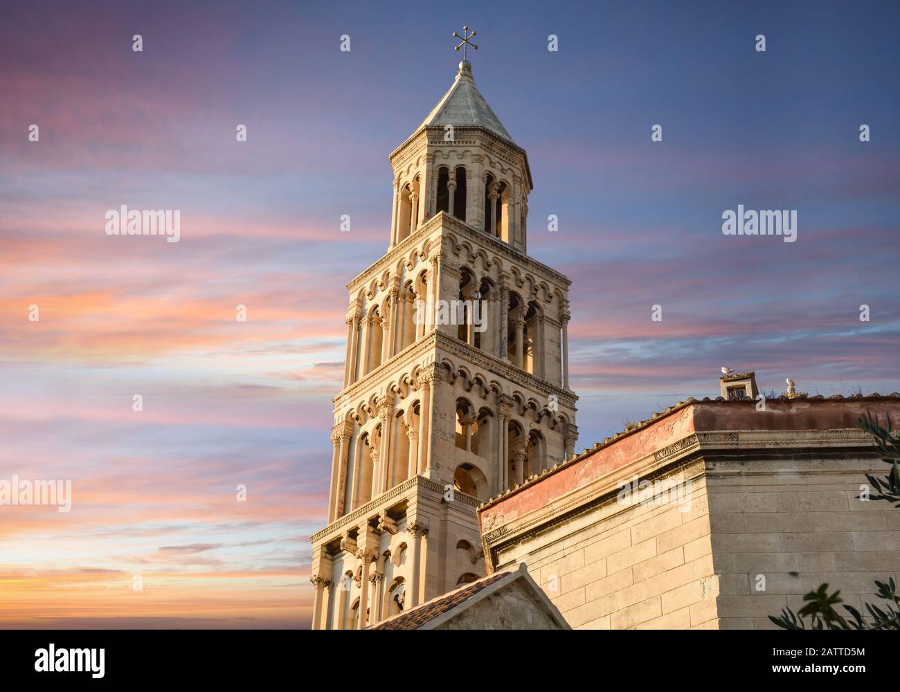 The tower of Saint Domnius Cathedral at sunset in the Diocletian's Palace Old Town of Split, Croatia. Stock Photo