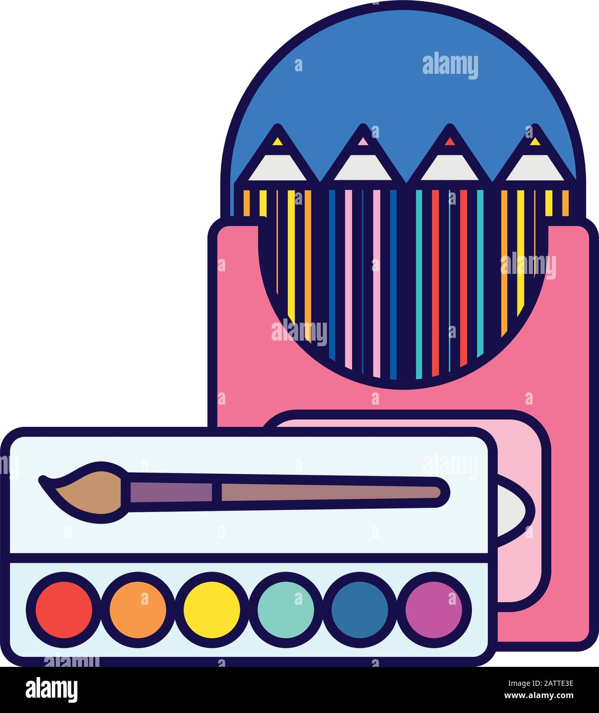 back to school education colored pencils in box and palette color brush ...
