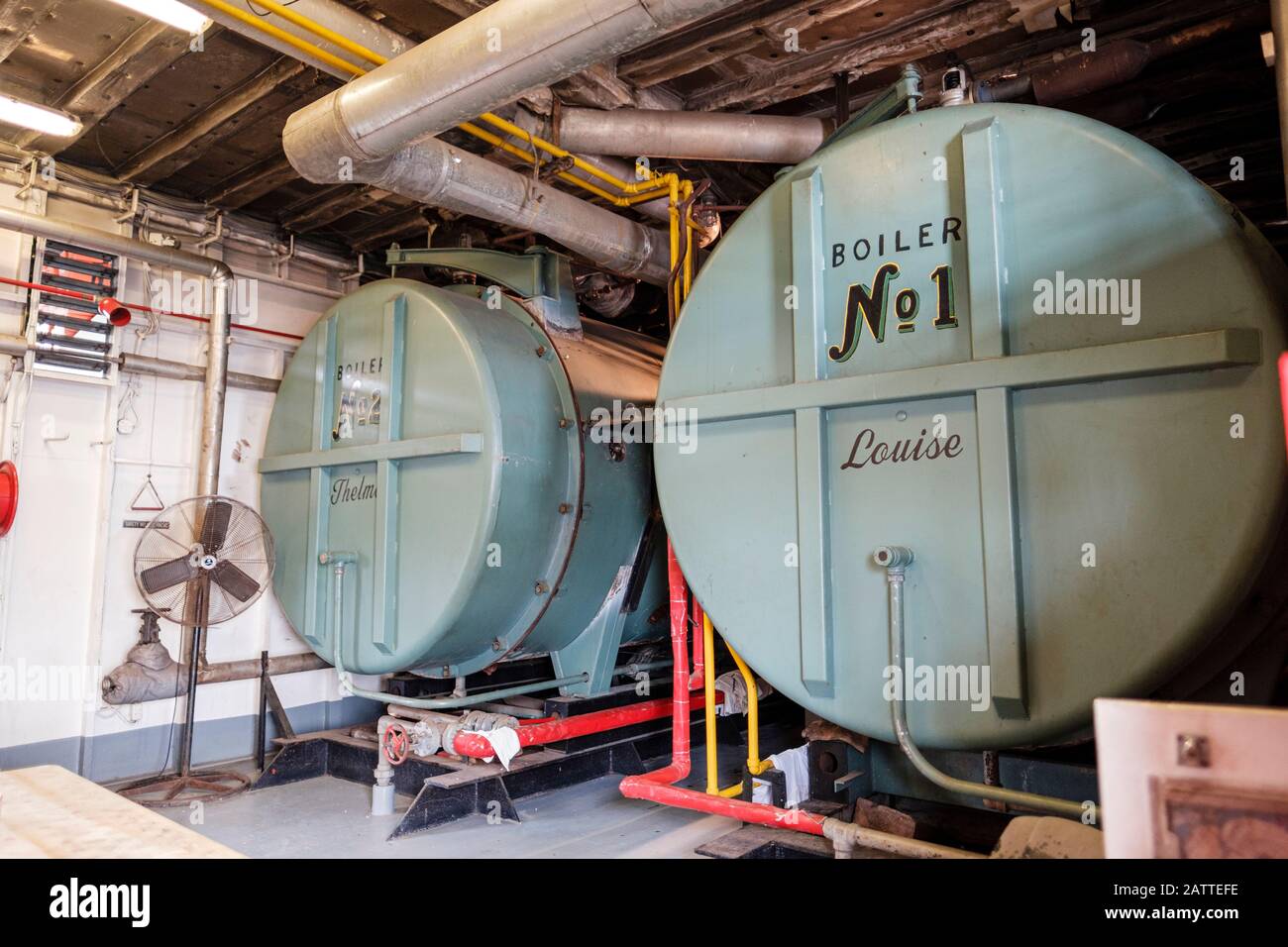Boilers, boiler room inside steamboat SS Natchez, New Orleans, Louisiana, United States of America, USA Stock Photo