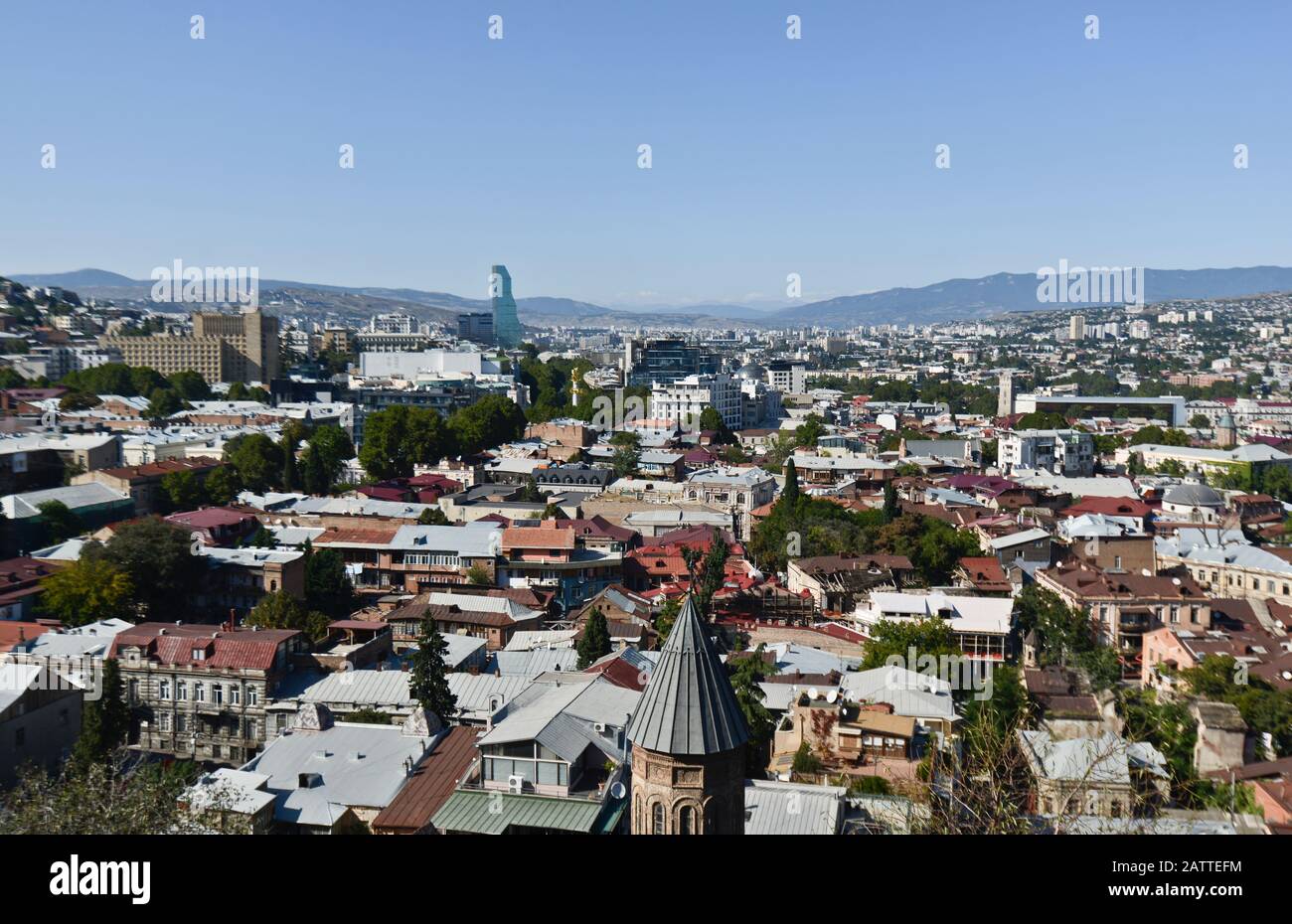 Panoramic view of Tbilisi from Sololaki Hill, with the Millennium Hotel in the background (Georgia) Stock Photo