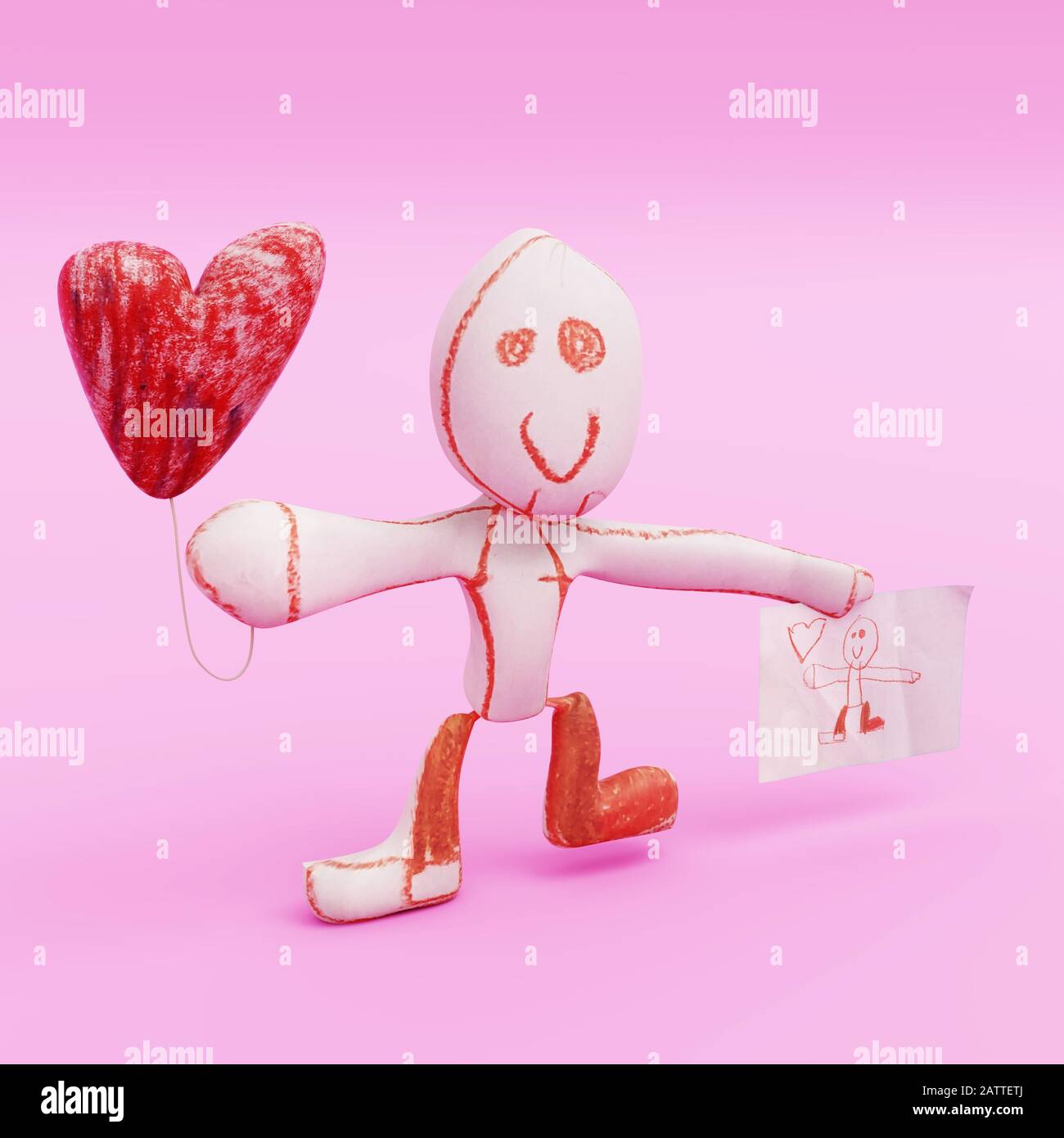 Digital render of a proud and loving child-like character holding a drawing in one hand and a hearth shaped balloon in the other. Stock Photo