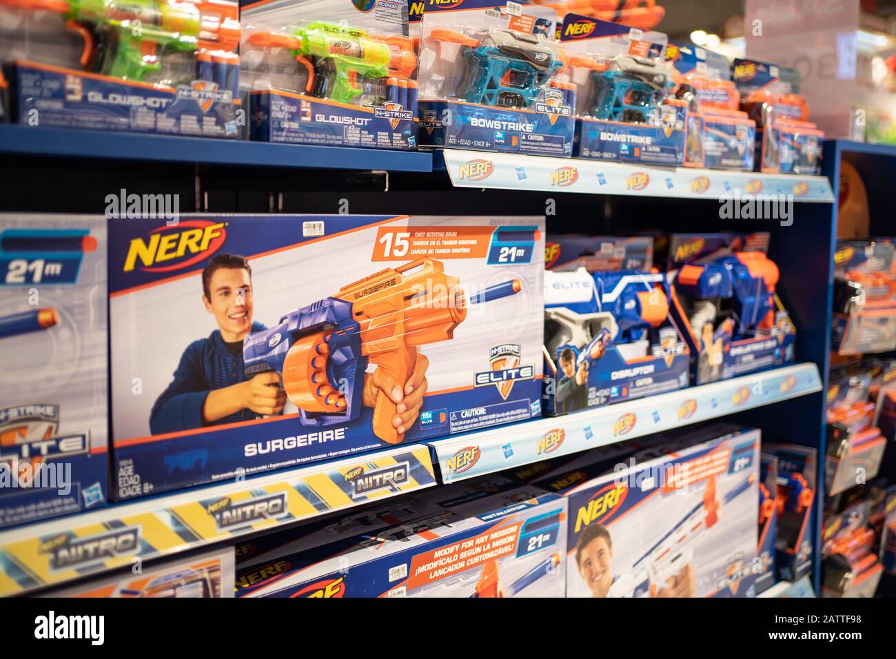 Bangkok, Thailand - January 3, 2020: Nerf gun toy products on a shelf. Stock Photo