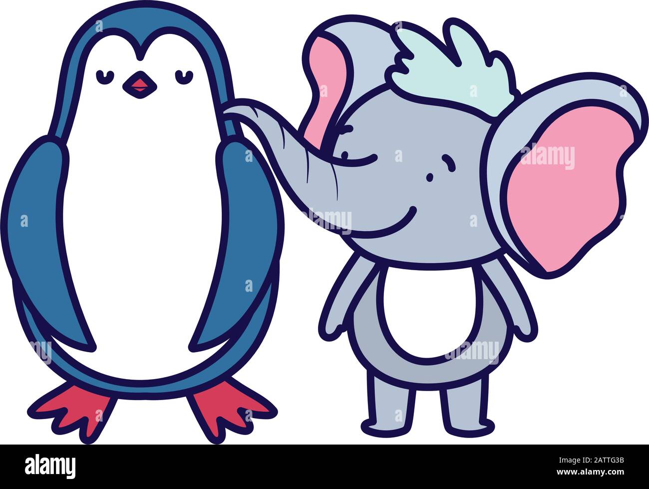little elephant and penguin cartoon character on white background