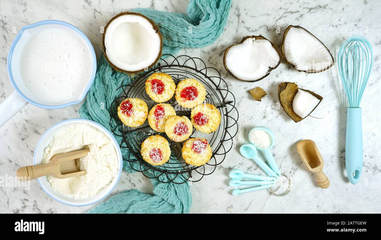 Coconut baking theme flat lay creative layout overhead with baked