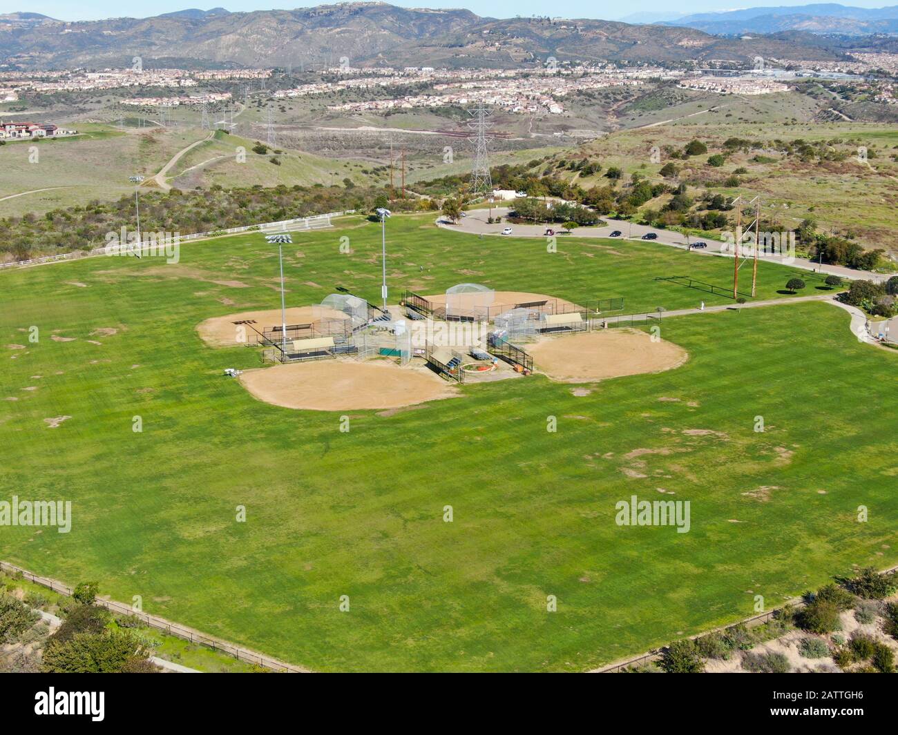 Aerial top view of Community park baseball sports field. Black Mountain