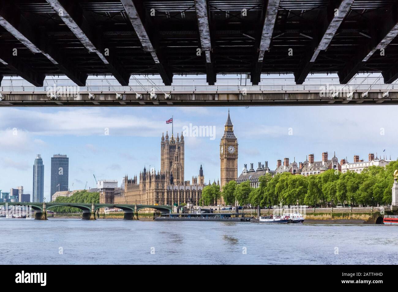 The Palace of Westminster on the River Thames, including the Clock Tower, Big Ben, London, England, United Kingdom Stock Photo
