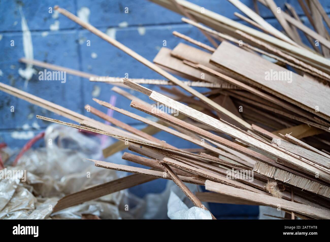 Pieces of waste wood from carpentry workshop Stock Photo