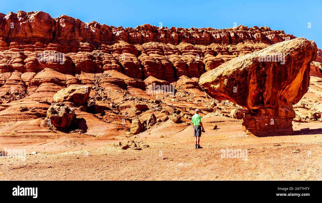 Senior Man hiking at Balanced Rock Toadstool near Lee's Ferry in Glen Canyon National Recreation Area at Marble Canyon near Page, Arizona, USA Stock Photo