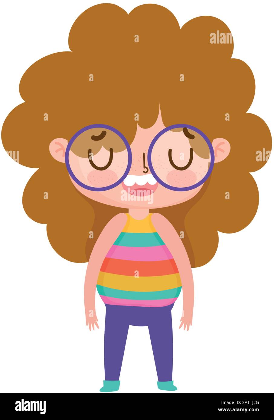 little girl with glasses curly hair expression facial cartoon vector illustration Stock Vector
