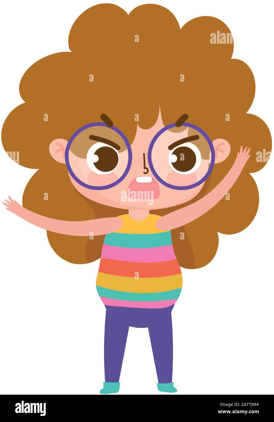 little girl with glasses curly hair expression facial cartoon vector