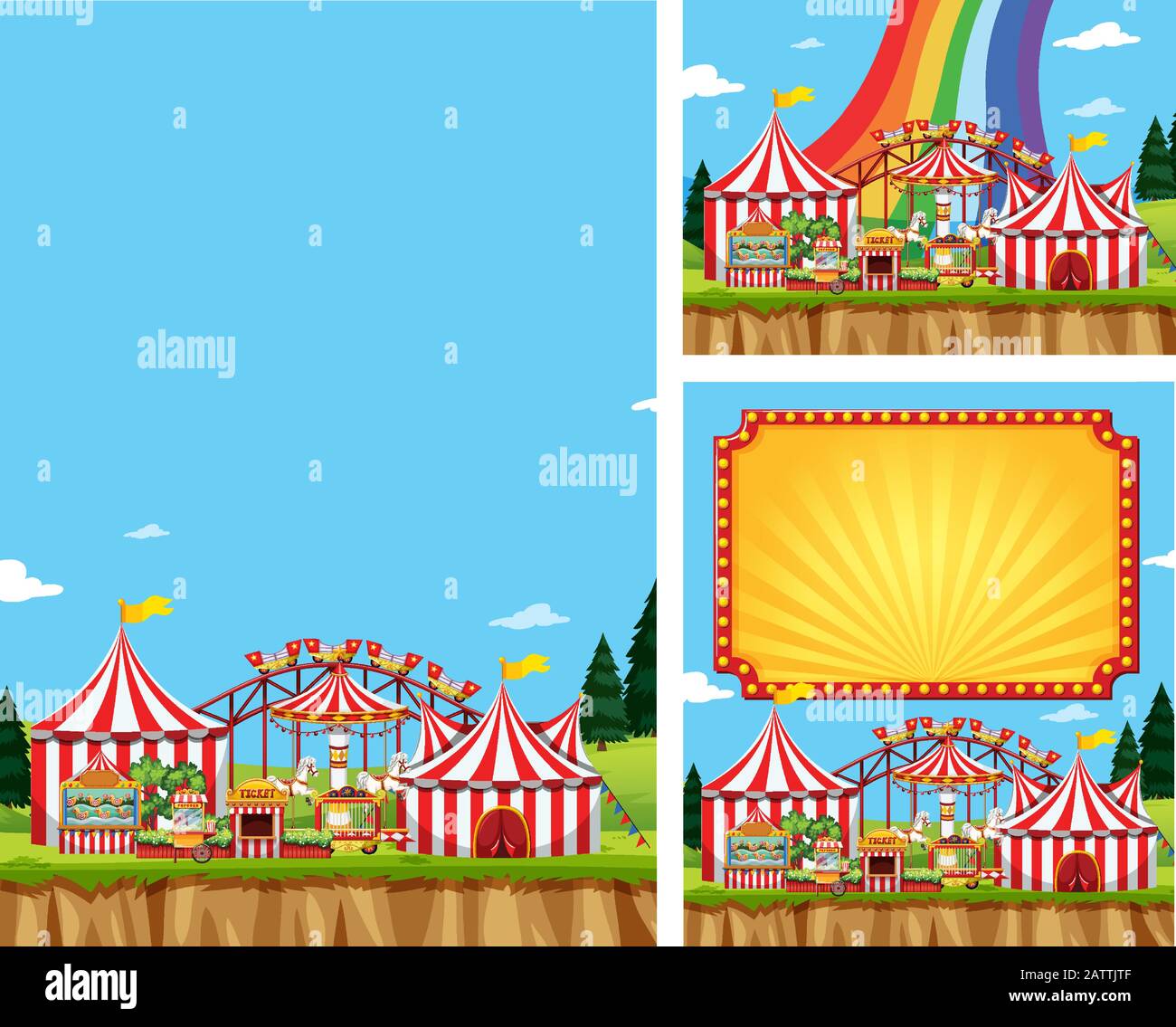 Three scene of circus with many rides illustration Stock Vector Image ...