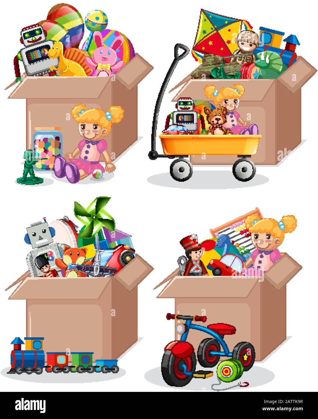 Set of many toys in cardboard boxes on white background illustration Stock Vector Image & Art