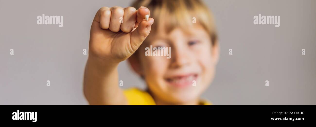 Litle caucasian boy holds a dropped milk tooth between his fingers and laughs looking into the camera BANNER, LONG FORMAT Stock Photo