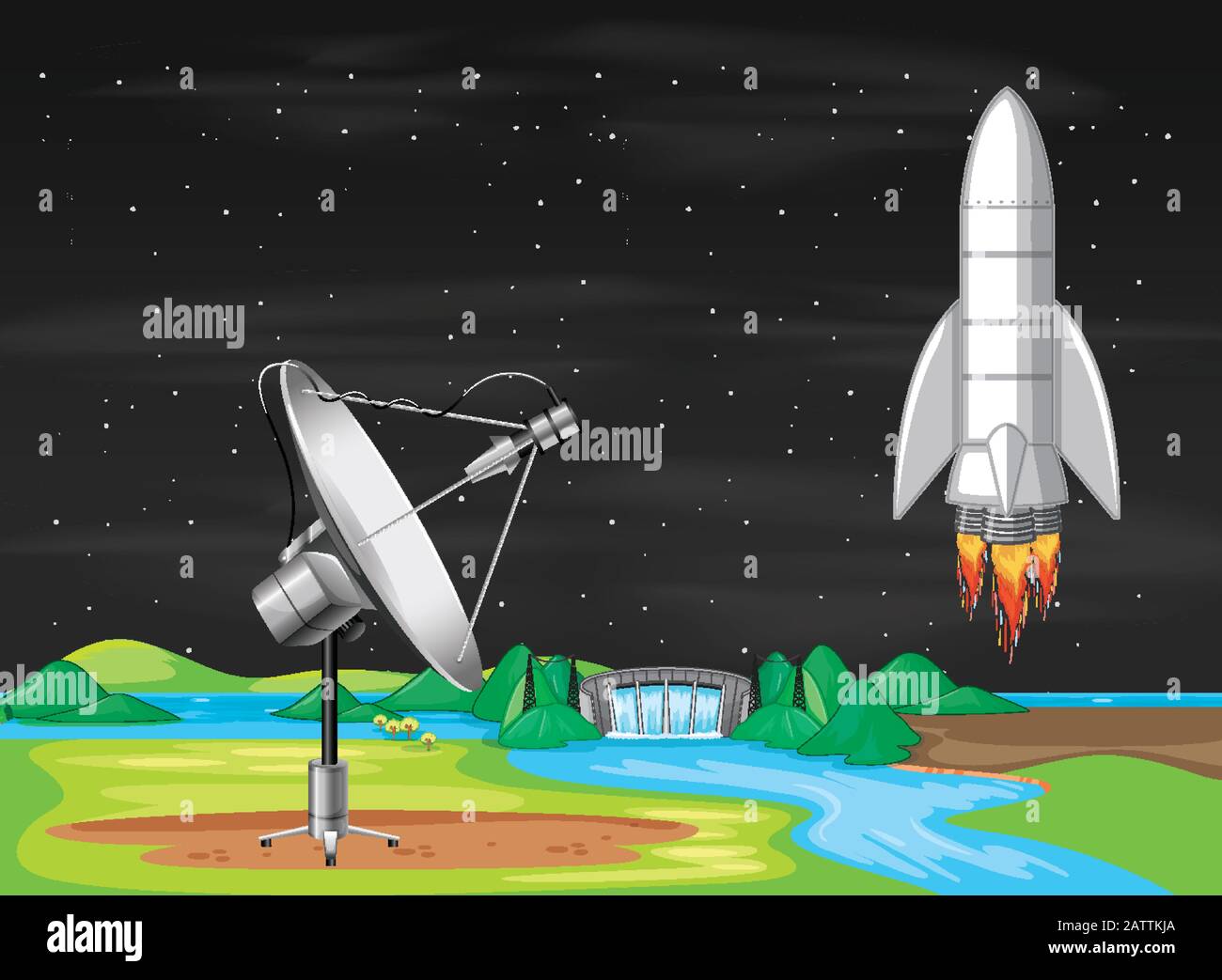 Scene with spaceship flying in the sky illustration Stock Vector Image ...
