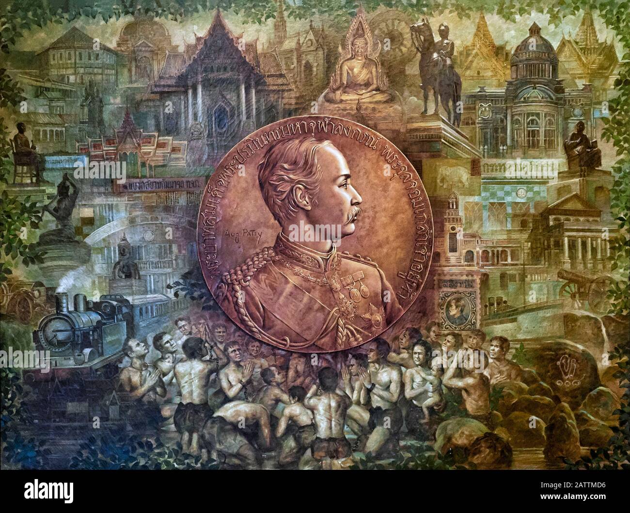 Rama V, illustrated painting of Thailand King Chulalongkorn depicting his reforming and modernizing of Thailand and the abolition  of slavery Stock Photo