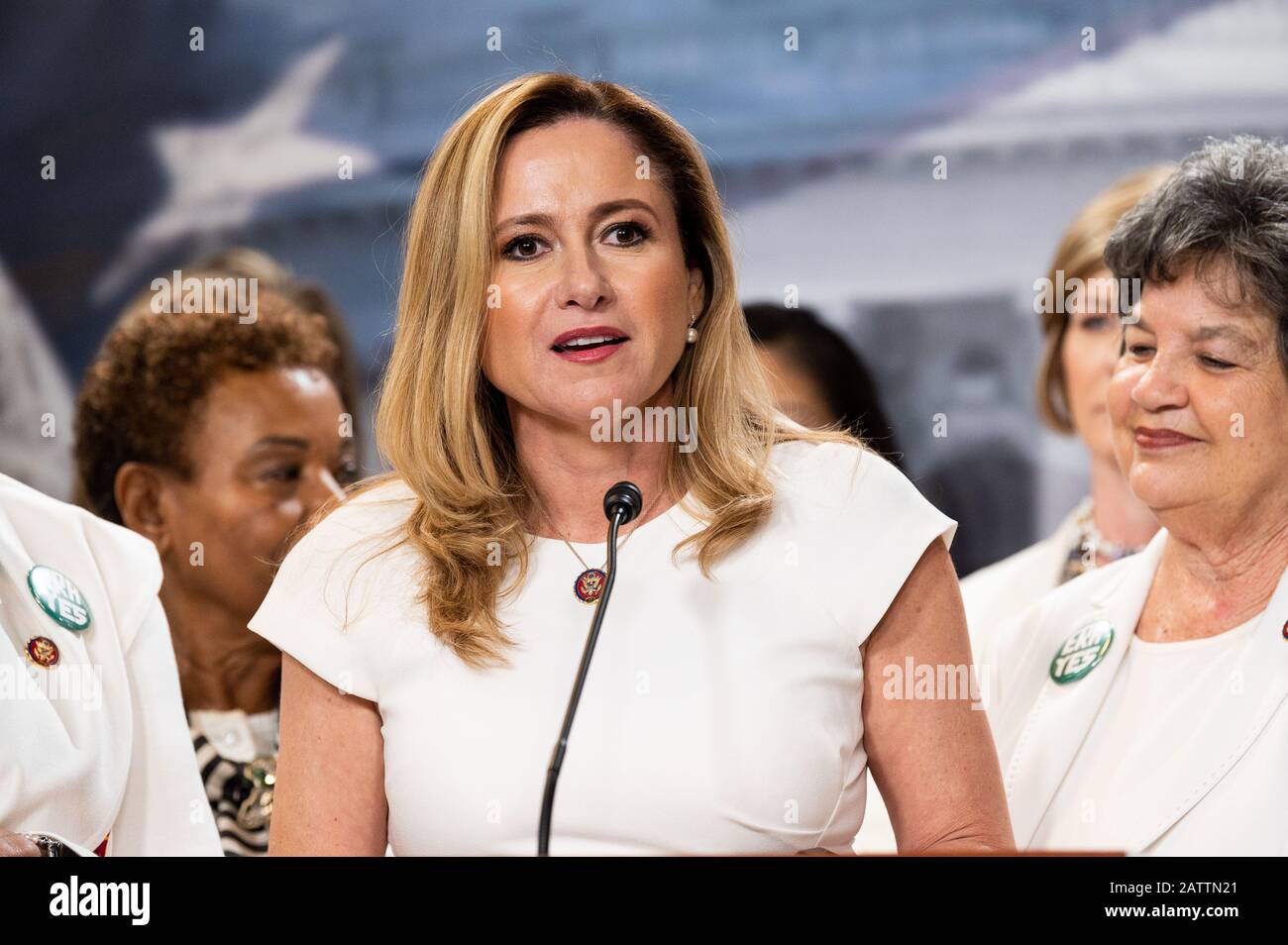 February 4, 2020 - Washington, DC, United States: U.S. Representative Debbie Mucarsel-Powell (D-FL) speaking at a Democratic Women's Caucus press conference speaking about the state of women. (Photo by Michael Brochstein/Sipa USA) Stock Photo