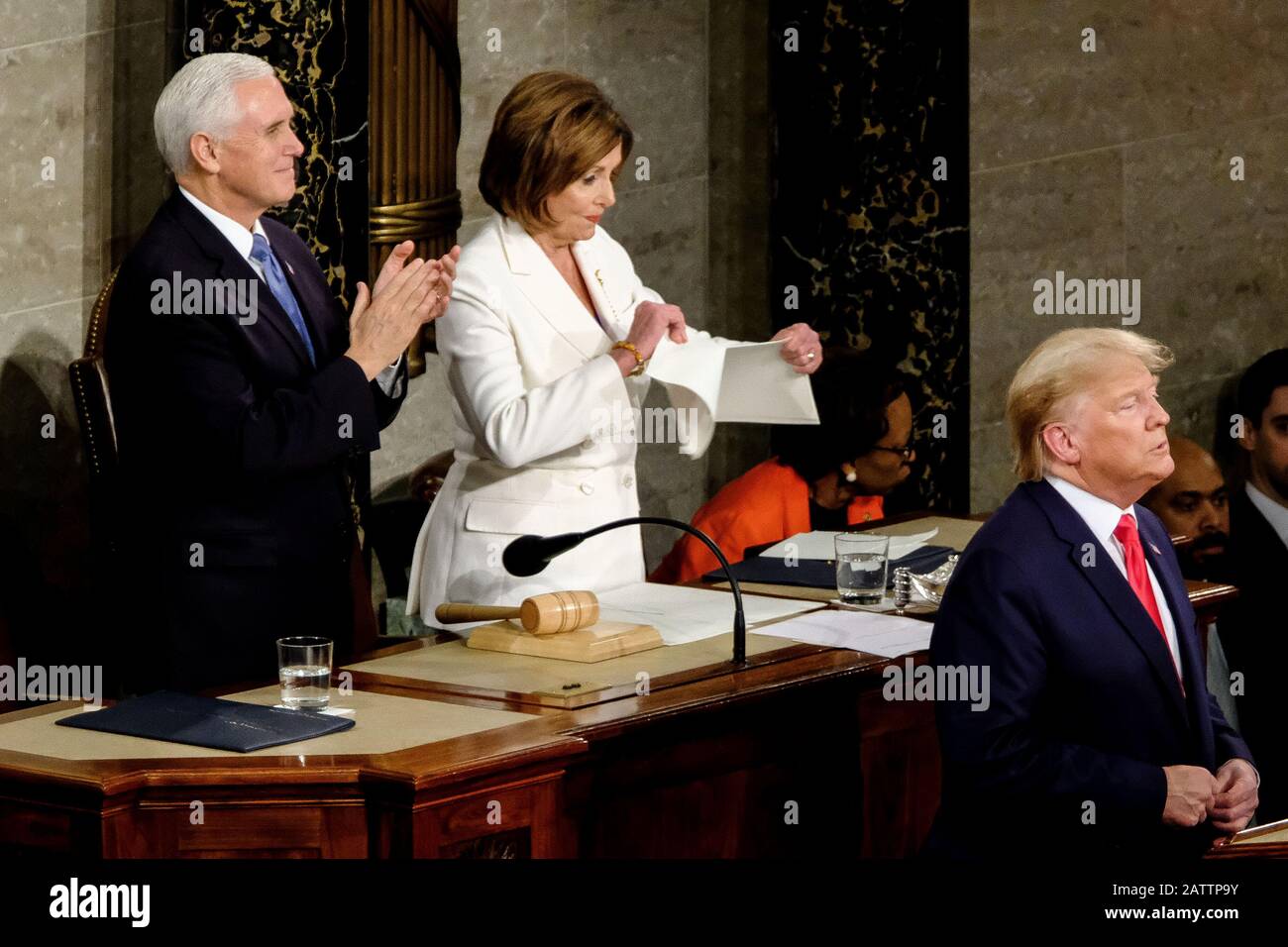 Washington, United States Of America. 04th Feb, 2020. Speaker of the House Nancy Pelosi holds up a copy of President Donald Trump's speech after tearing it up after he spoke at the 2020 State of the Union Address on Capitol Hill on February 4, 2020. Credit: Alex Wroblewski/CNP Photo via Credit: Newscom/Alamy Live News Stock Photo