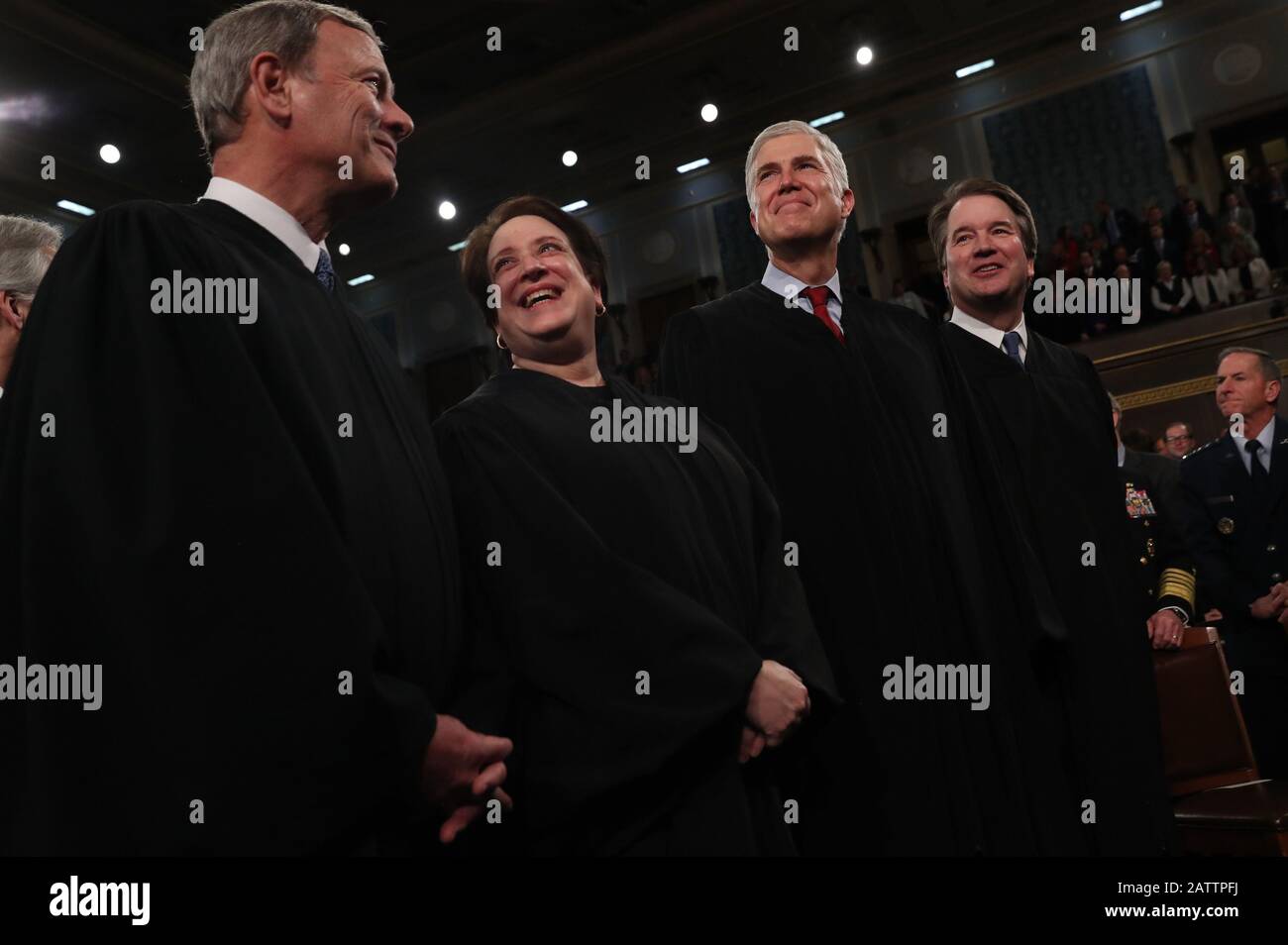 Washington, United States. 04th Feb, 2020. Chief Justice of the United States John Roberts, Associate Justice Elena Kagan, Associate Justice Neil Gorsuch and Associate Justice Brett Kavanaugh talk before the start of U.S. President Donald Trump's State of the Union address to a joint session of the U.S. Congress in the House Chamber of the U.S. Capitol in Washington, DC on Tuesday, February 4, 2020. Pool Photo by Leah Millis/UPI Credit: UPI/Alamy Live News Stock Photo