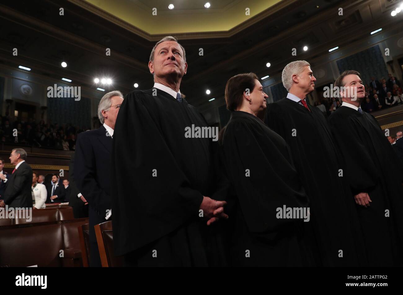 Washington, United States. 04th Feb, 2020. Chief Justice of the United States John Roberts, Associate Justice Elena Kagan, Associate Justice Neil Gorsuch and Associate Justice Brett Kavanaugh look on before the start of U.S. President Donald Trump's State of the Union address to a joint session of the U.S. Congress in the House Chamber of the U.S. Capitol in Washington, DC on Tuesday, February 4, 2020. Pool Photo by Leah Millis/UPI Credit: UPI/Alamy Live News Stock Photo