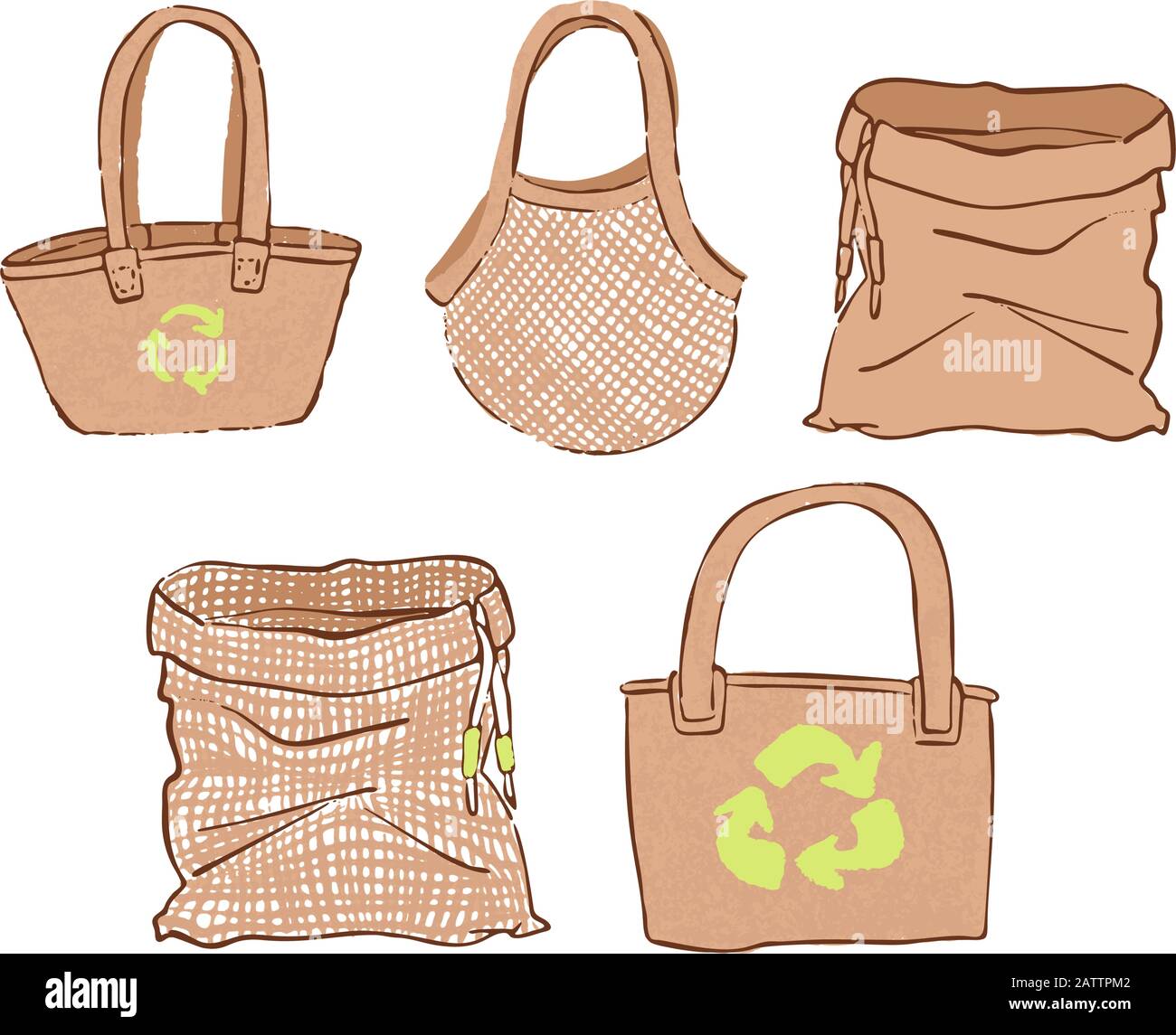 Set of Eco bags in hand draw cartoon style, isolated on white
