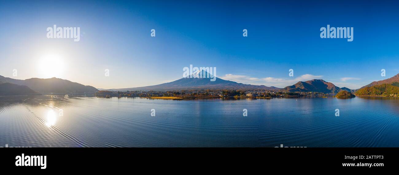 Aerial view panorama of mount Fuji in city at Kawaguchiko lake, Yamanashi, Japan. Fujisan on morning. Stock Photo