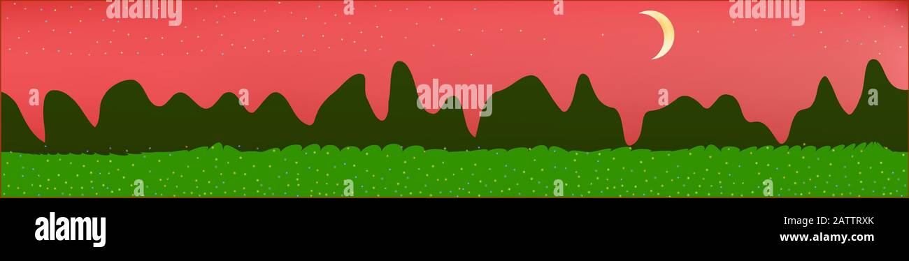 Coral sky, and mountains landscape. Fairy tale panoramic landscape. Landscape fable. New glass print fantasy. Horizon, blur. Old game style. Stock Vector