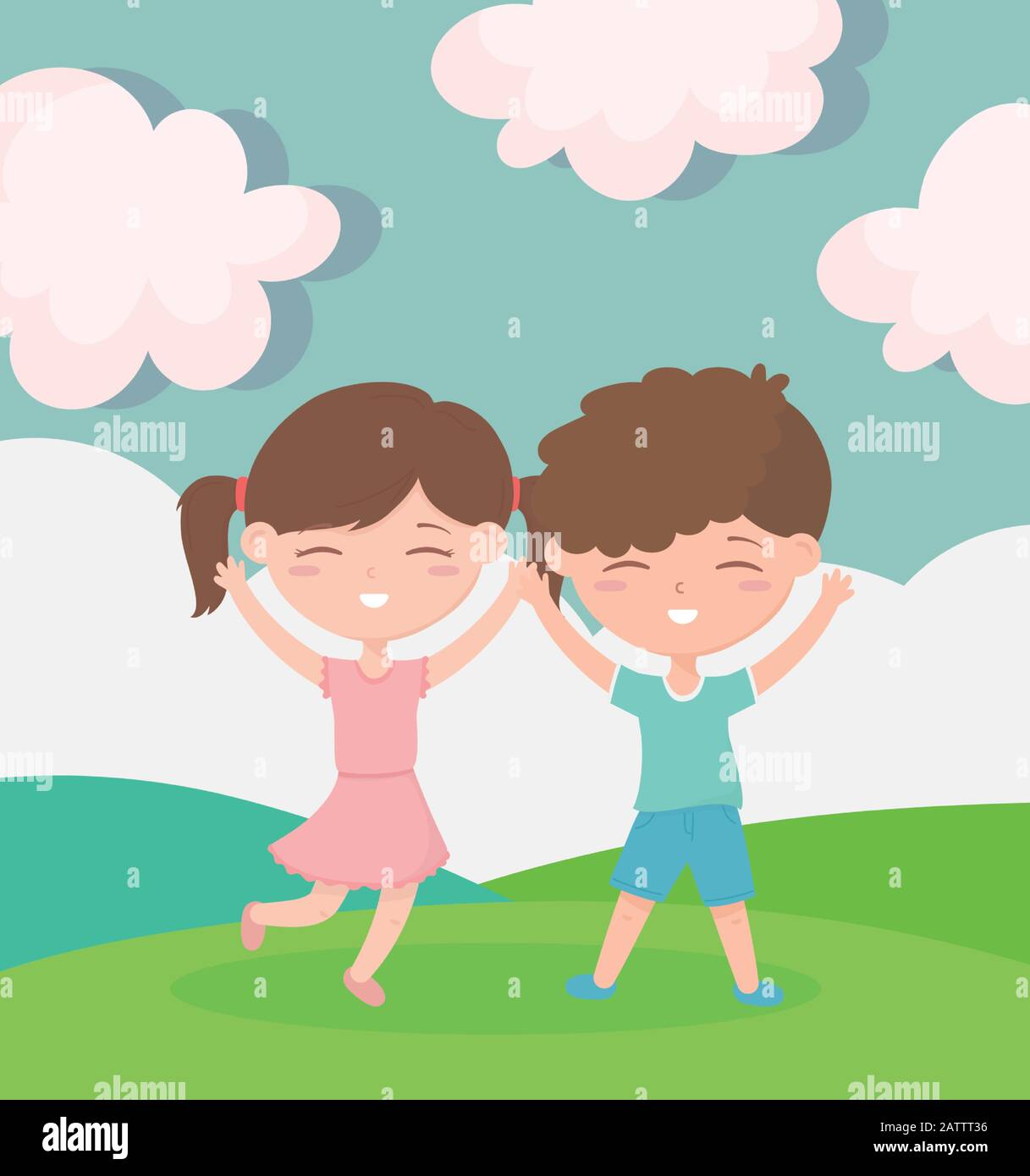 happy childrens day, smiling boy and girl celebrating outdoors vector ...