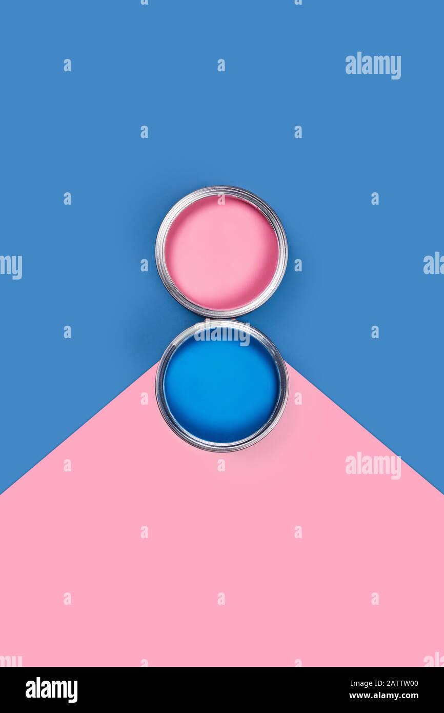 Repair concept. Pink and blue background with two colour paint cans. Flat lay, top view, copy space. Stock Photo
