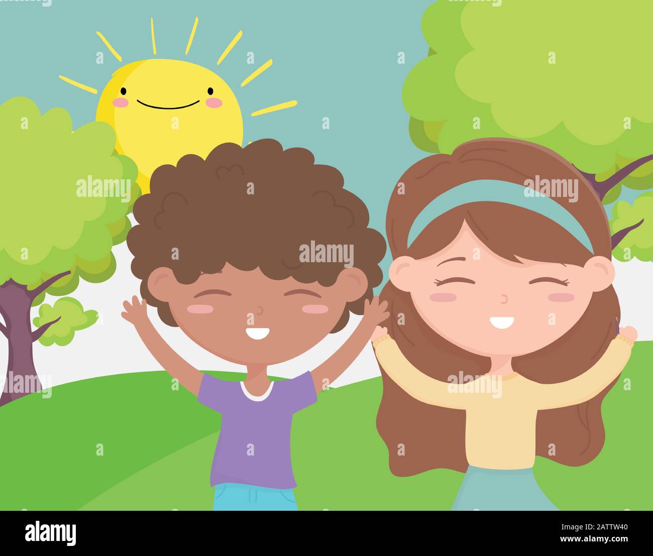 happy childrens day, smiling boy and girl celebrating outdoors vector ...