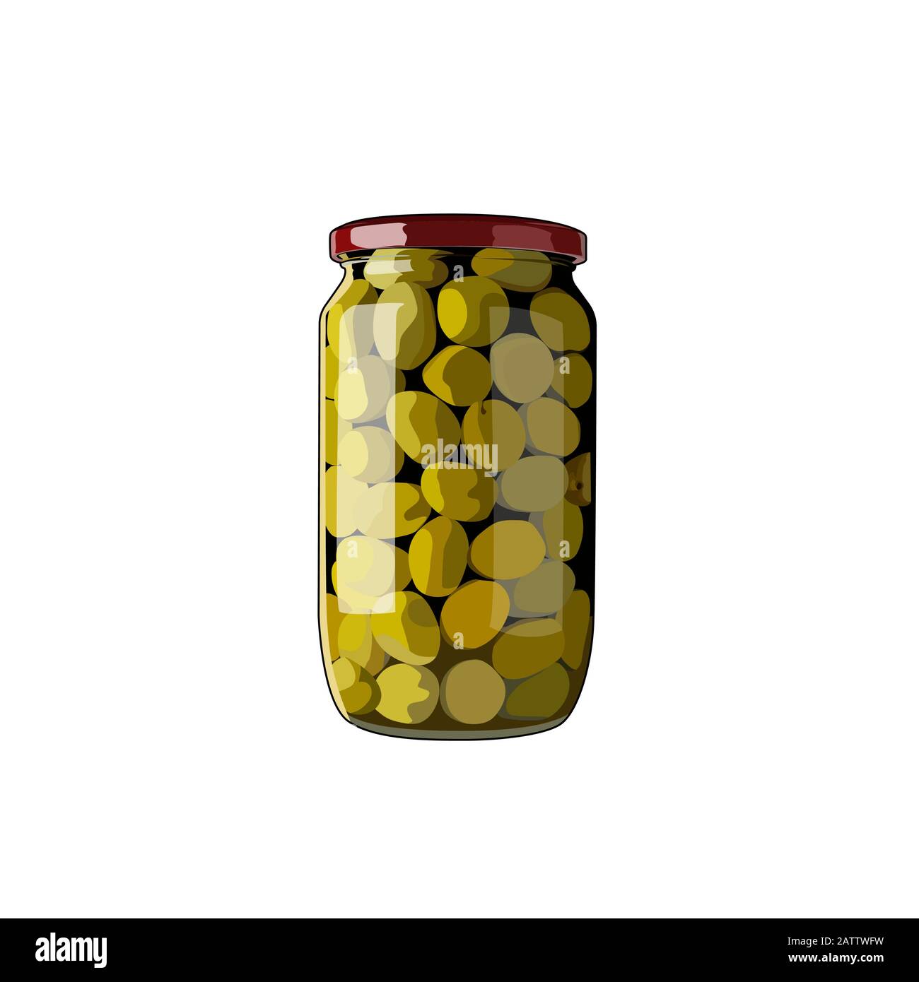 Green olives jar. Canned marinated olive. Vector graphic illustration
