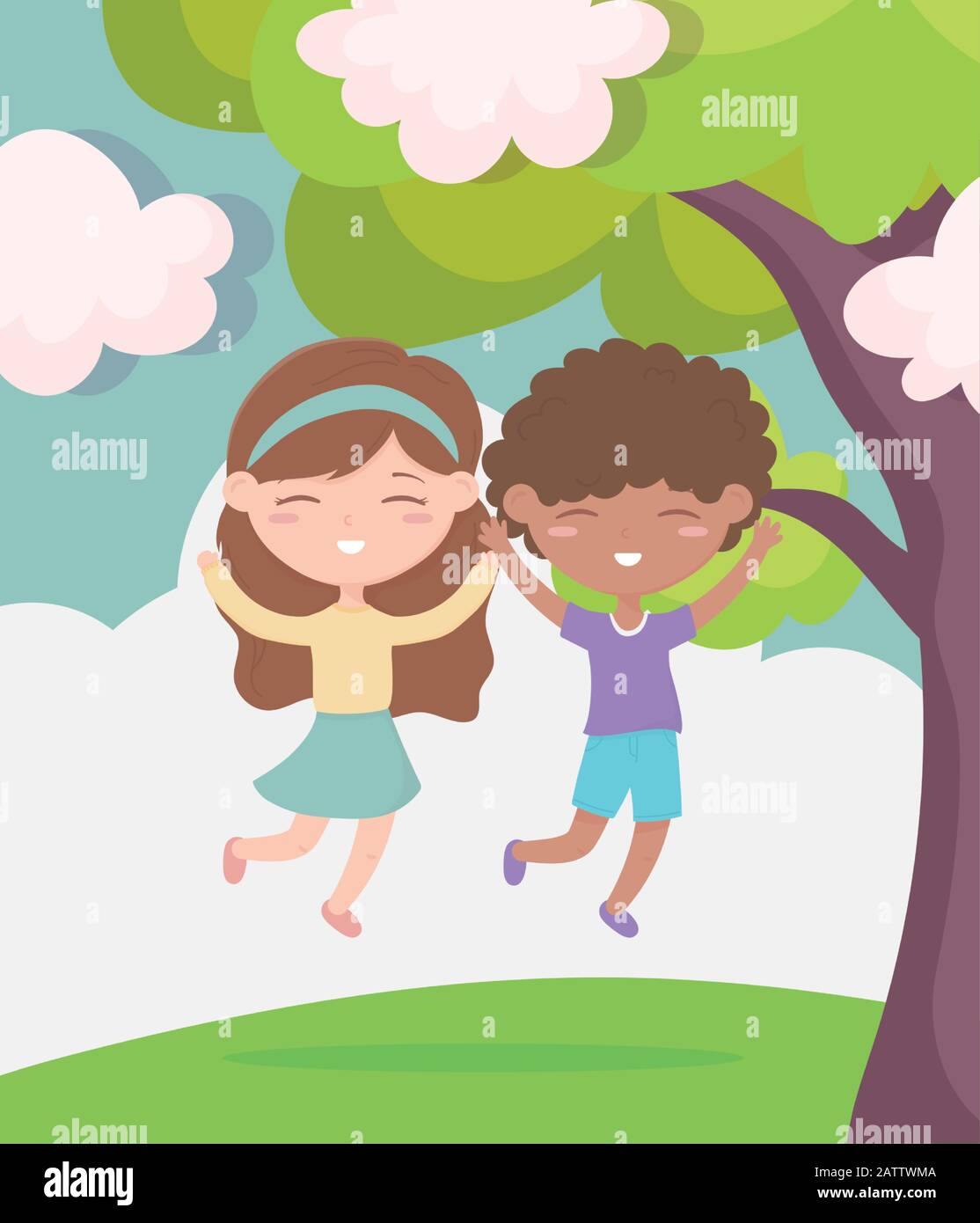 happy childrens day, smiling boy and girl celebrating outdoors vector ...