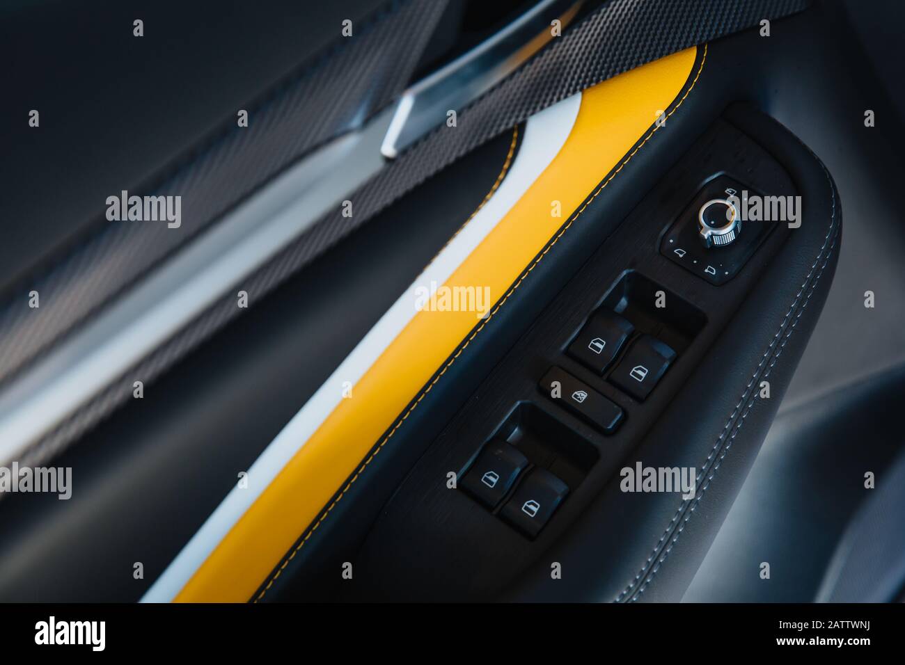 Interior of modern car. Car inside side door buttons window