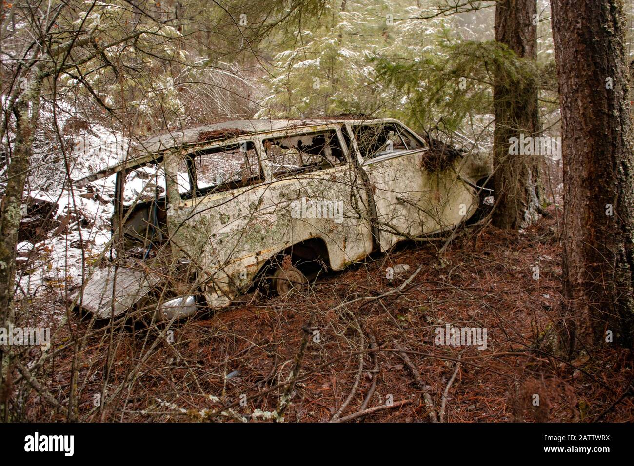A wrecked 1951 Chrysler Suburban 2door Station Wagon abandoned at an