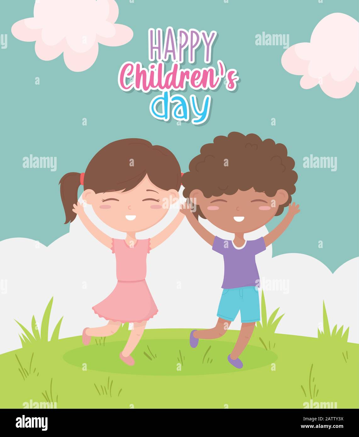 happy childrens day, smiling boy and girl celebrating outdoors vector ...