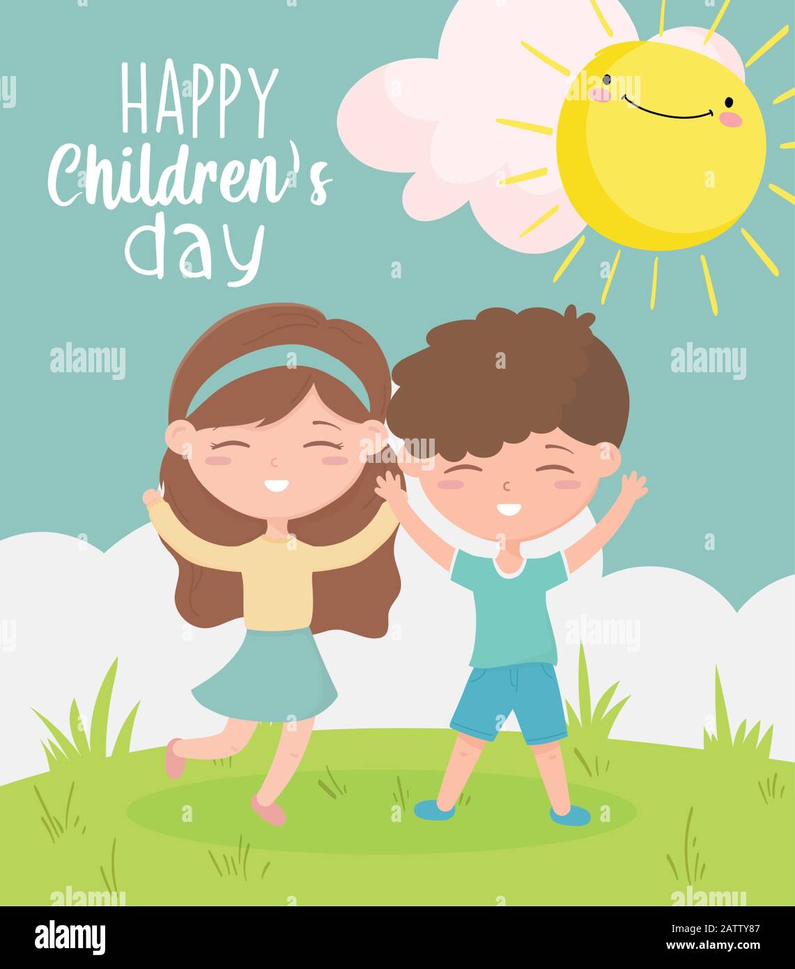 happy childrens day, smiling boy and girl celebrating outdoors vector ...