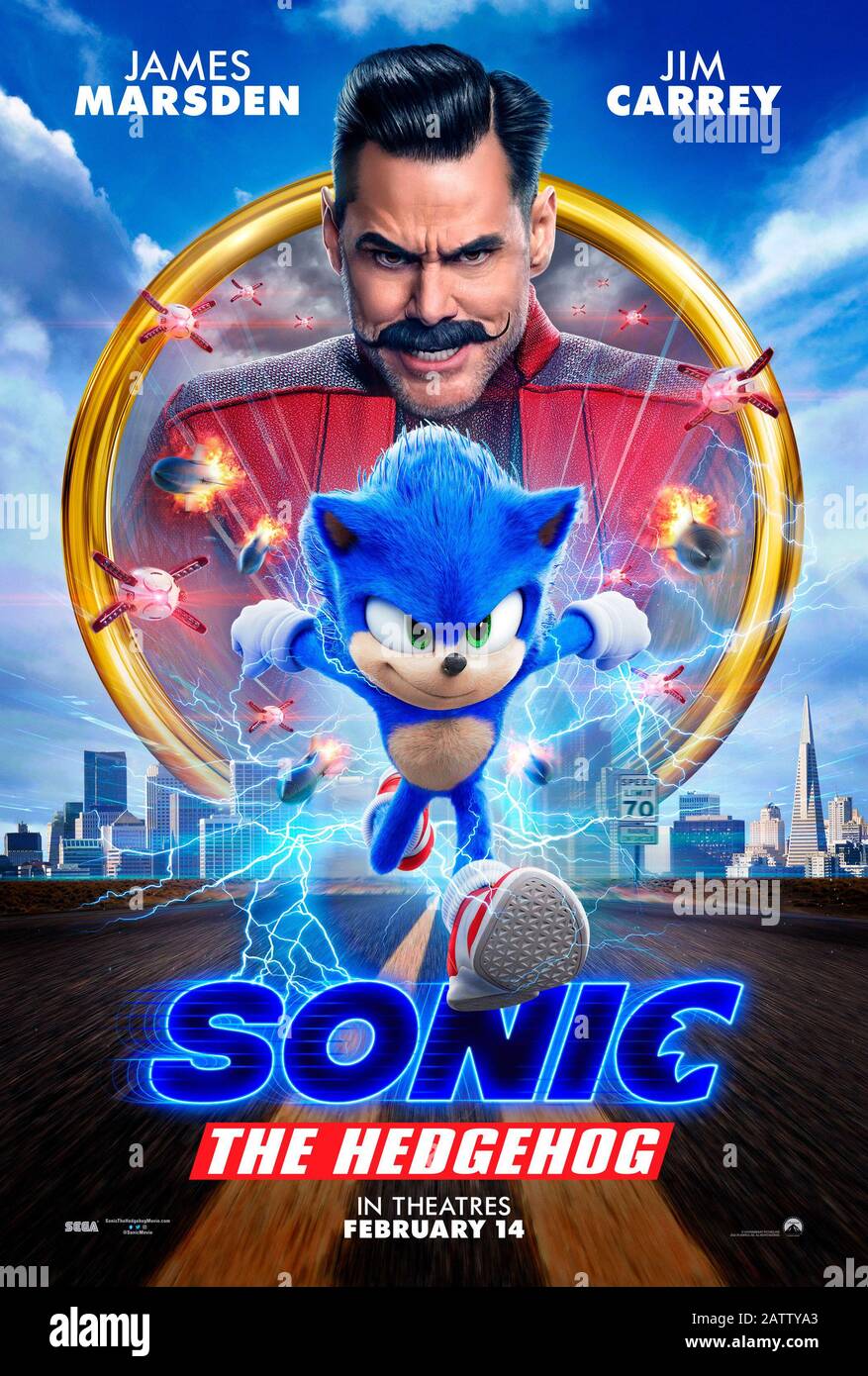 RELEASE DATE: February 14, 2020 TITLE: Sonic The Hedgehog STUDIO: Paramount Pictures DIRECTOR: Jeff Fowler PLOT: After discovering a small, blue, fast hedgehog, a small-town police officer must help it defeat an evil genius who wants to do experiments on it. STARRING: Sonic (voice by Ben Schwartz). (Credit Image: © Paramount Pictures/Entertainment Pictures) Stock Photo