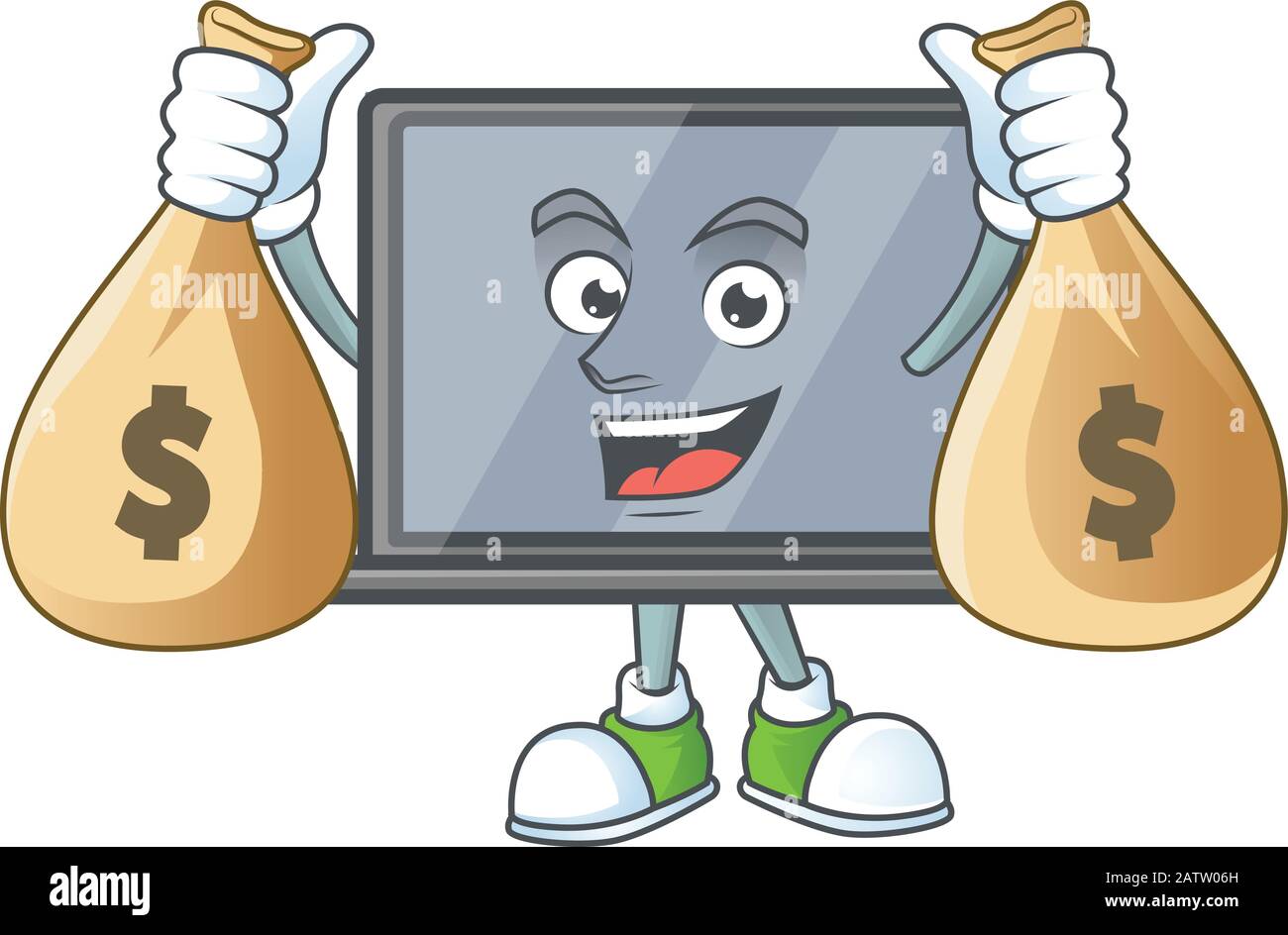 A cute image of monitor cartoon character holding money bags Stock ...