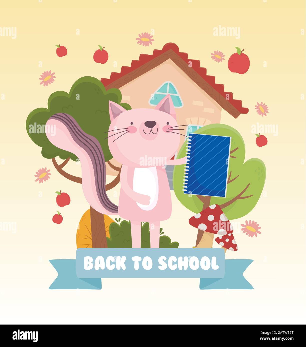 back to school education cat with notebook house fruits flowers ...