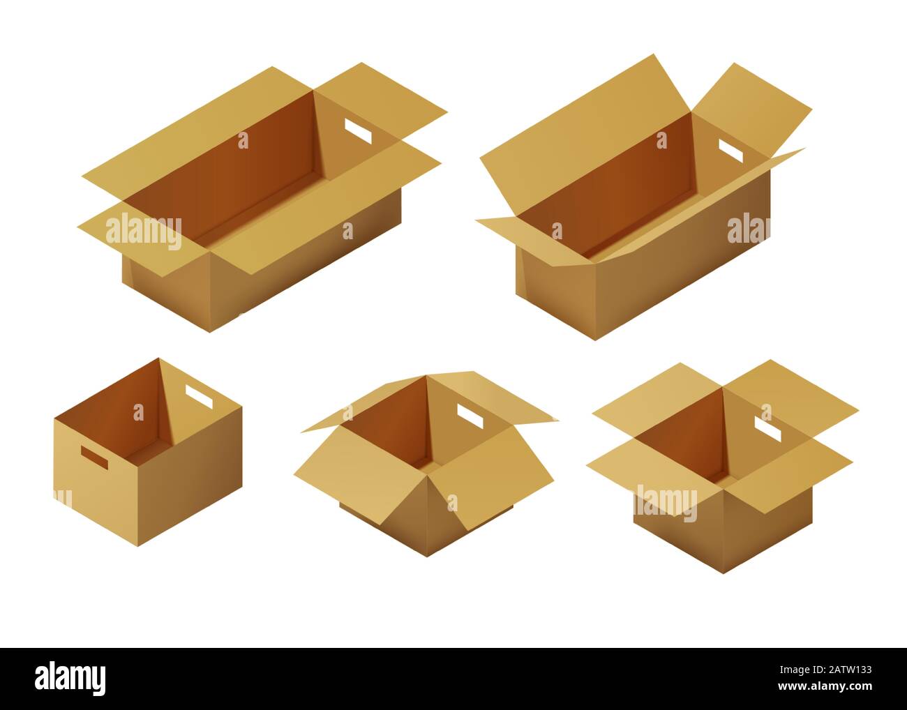 Set Isometric carton packaging box. 3D realistic icons. Box cardboard, craft packaging, isolated vector illustration Stock Vector