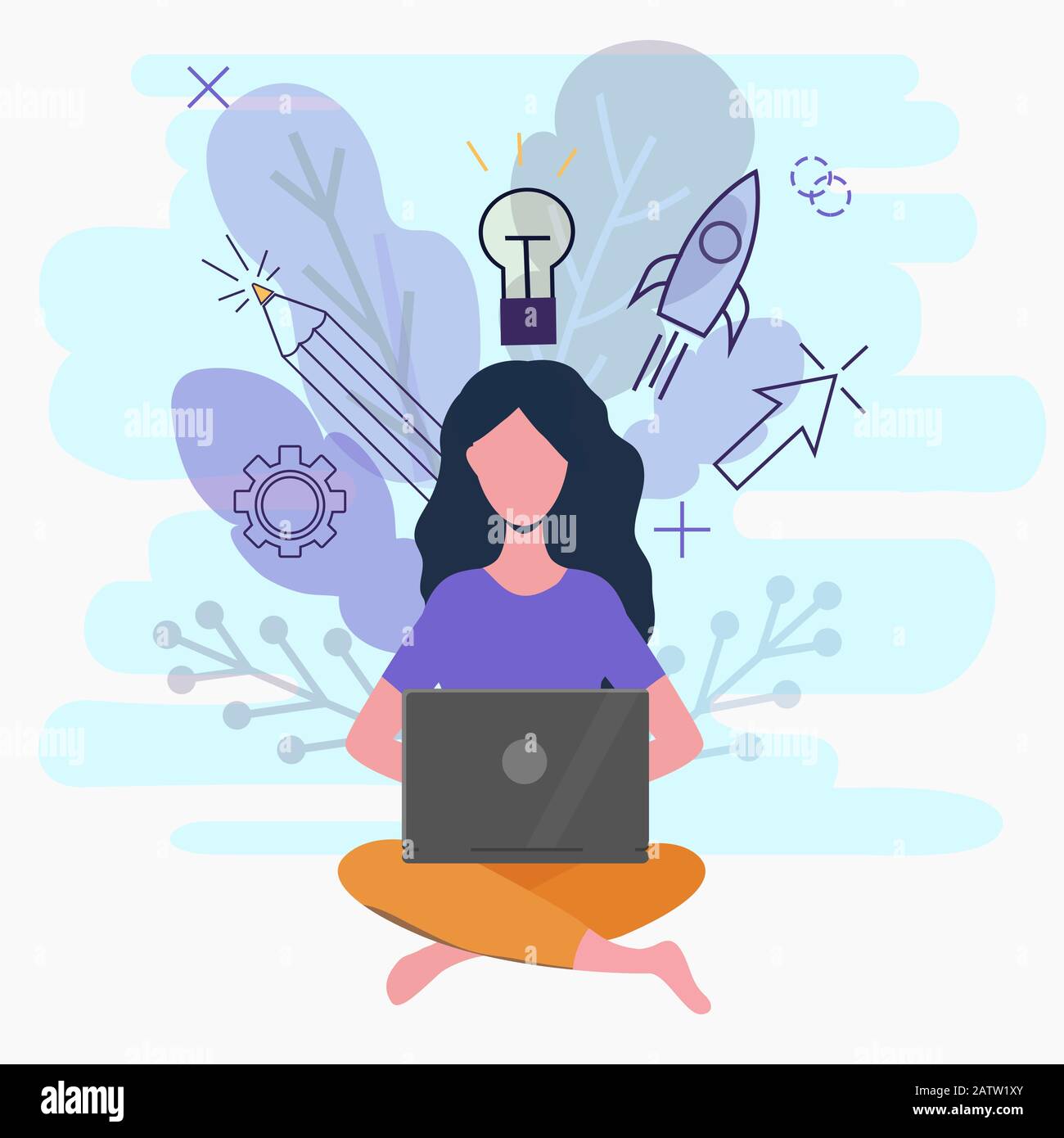 Vector business illustration of modern young pretty woman sitting on ...